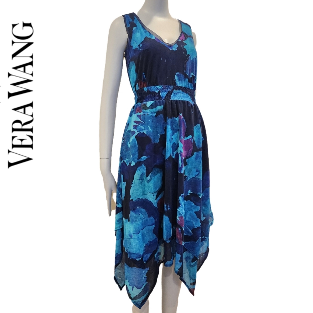 XSP Vera Wang Simply Vera Floral Asymmetrical Handkerchief Hem Sleeveless Dress - Picture 4 of 9